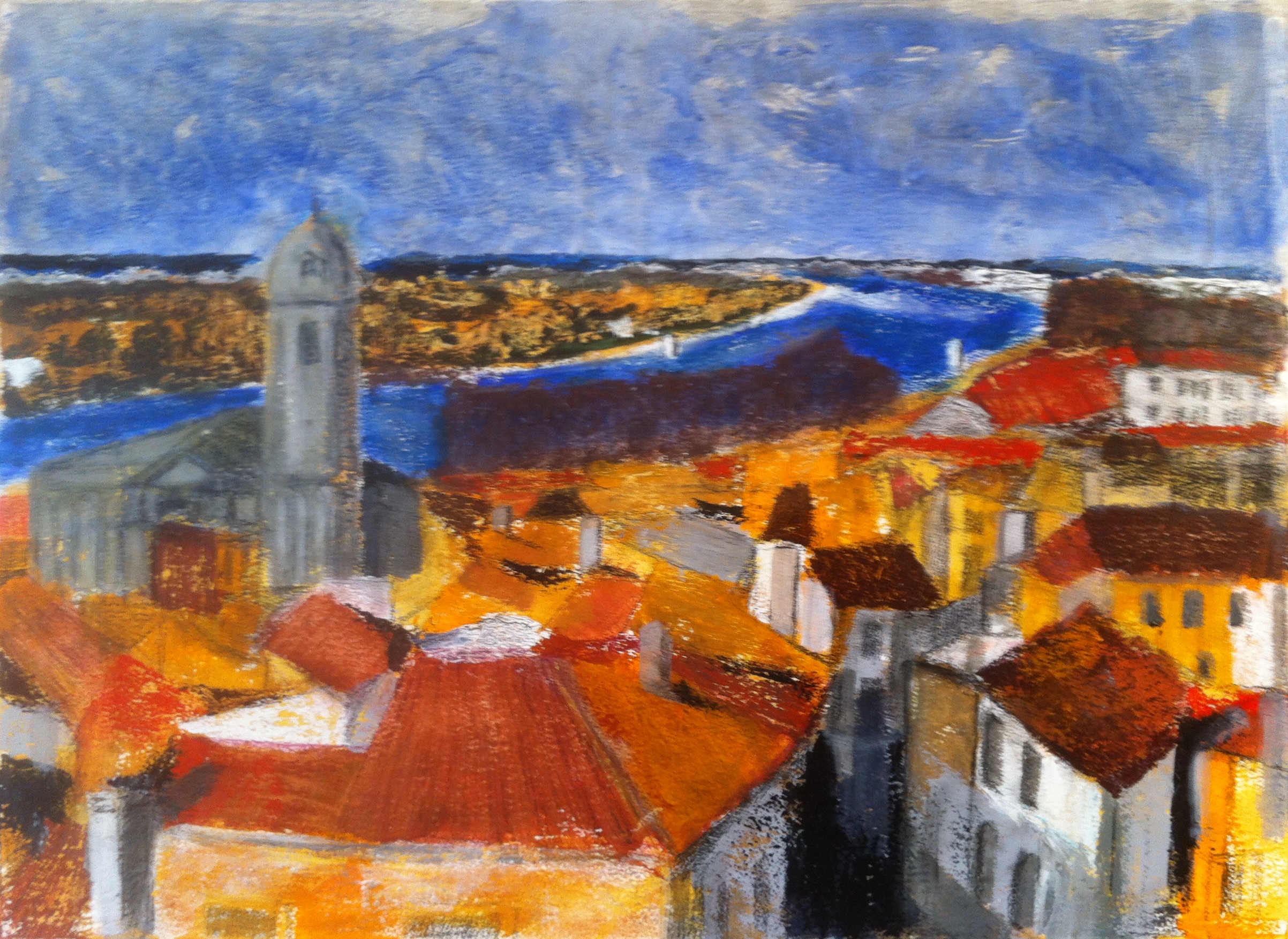 N°1375 - Les toits d'Arles en descendant vers le Rhône - Acrylique et pastel sur papier - 53,5 x 74 cm - 26 avril 2014